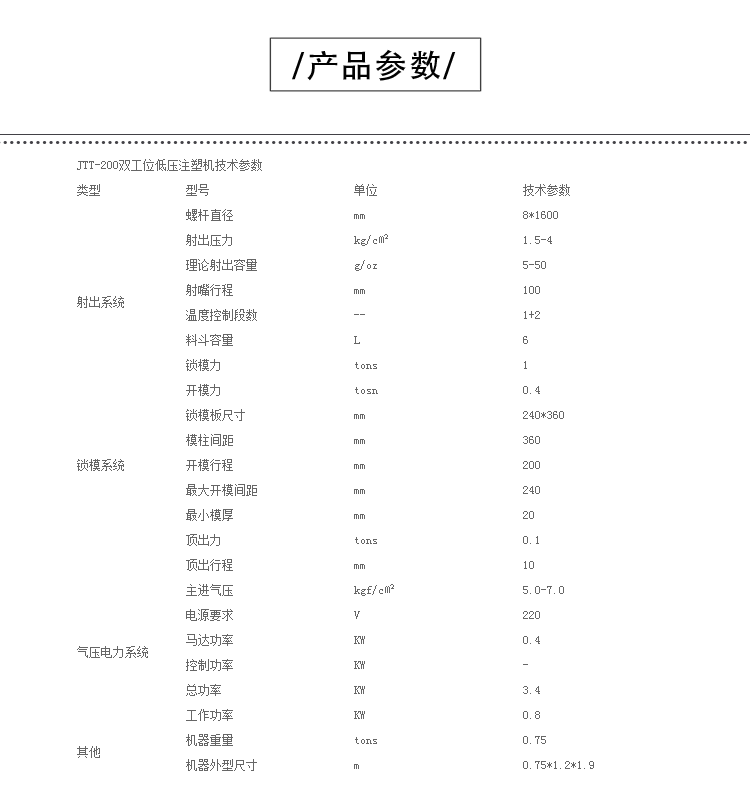SBOBET利记官网机械JTT-200双工位低压注塑机产品参数